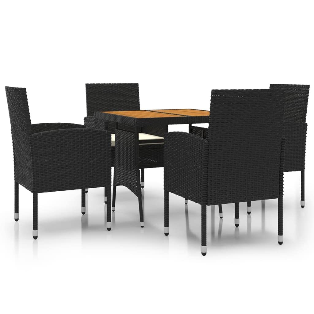 Conjunto de comedor de jardín de ratán sintético negro con marco de acero resistente, ratán de polietileno resistente al agua y tablero de madera de acacia, incluye cojines para asientos de