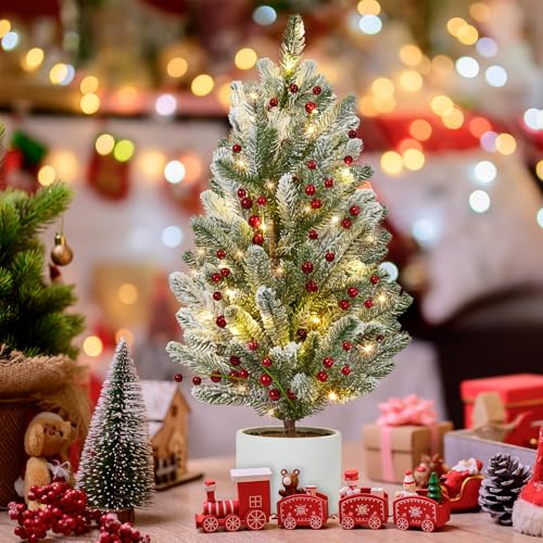 24 Inch Pre-lit Table Top Christmas Tree with Lights, Artificial Small Green Christmas Tree with Cement Basin Base, Miniature Pine Christmas Trees for Table Office Dorm Desk Decorations