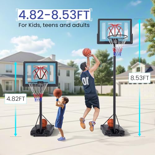 Basketball Hoop Outdoor 4.82-8.53ft Adjustable, Portable Basketball Hoop & Goals with 2 Wheels, 32 Inch PC Backboard/Fillable Base/Size 5 Basketball for Kids, Youth, and Adults in Backyard/Driveway - Thumbnail 4