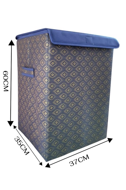 Image of QUAIL Non Woven Foldable Jute Printed 75 Liter Laundry Basket with Lid - Durable & Collapsible Storage Bag for Clothes, Toys & Washing Items (Blue Golden, Set of 1)