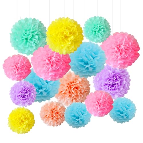 16 Pompons de papel de seda 25 cm/20 cm decoração para festas multicoloridas fácil de pendurar e montar, ideal para casamentos, batizados, aniversários, design criativo, comunhão e baby shower (criar