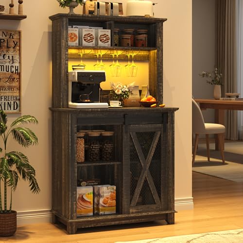 Image of 31.5 inch Wide Farmhouse Coffee Bar Cabinet with LED Light,Wine Bar Cabinet w /2 Storage Hutch,Kitchen Buffet Cabinet w /Sliding Barn Door & Wine and Glass Racks for Kitchen Dining Room(Dark Rustic Oak)