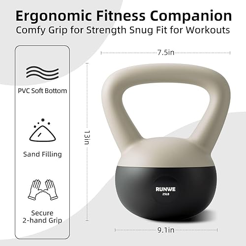 Miniatura 3 de RUNWE Soft Kettlebell - Sand Filled Kettlebell Hand Weight Options for 25, 20, 15, 10 and 5 LB, Soft-Sided Cushioned Base,Safety Guaranteed Ideal