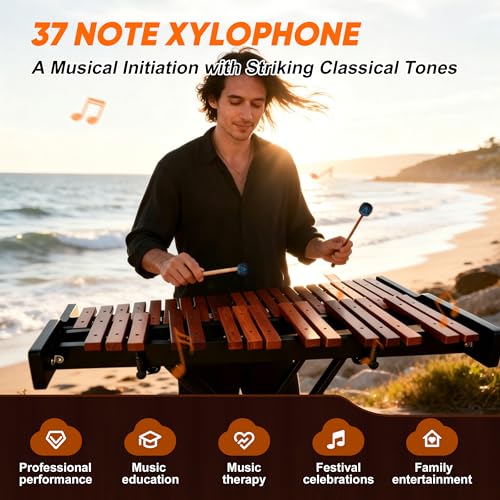 Image of 37 Note Xylophone Professional Wooden Glockenspiel, Upgraded Arched Frame for Better Resonance, with Height Adjustable Stand, 4 Mallets, Hand Bell and Carry Bag (Black)