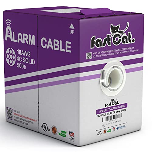 Fast Cat. 18 AWG Gauge, 4 Conductor Solid Copper Fire Alarm Wire Security Cable - PVC Jacket, Unshielded, (CMR-CL3R-FT4) Rated in-Wall Use- UL Rated - 500Ft Pull Box - Grey