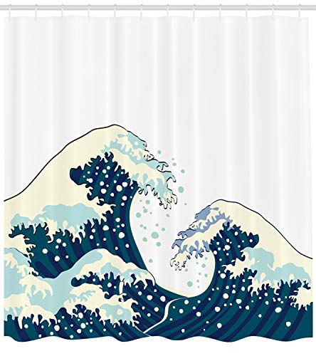 ABAKUHAUS Waves Shower Curtain, Japanese Kanagawa Illustration Nautical Ocean Surfing Theme Aquatic Pattern - Image 2