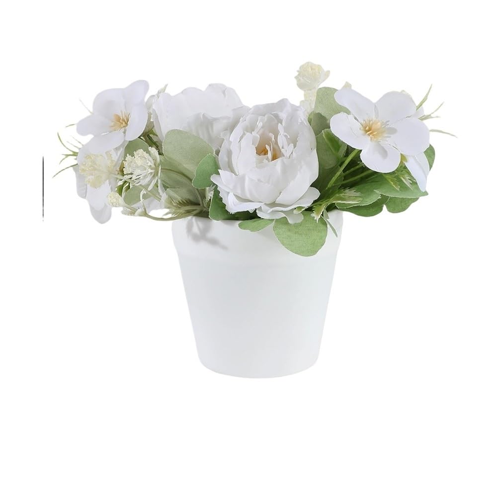 Huffa White Simulated Peony Flower Arrangement - Realistic Plastic Potted Decor For Home And Dining Table, Indoor & Outdoor Use(White)