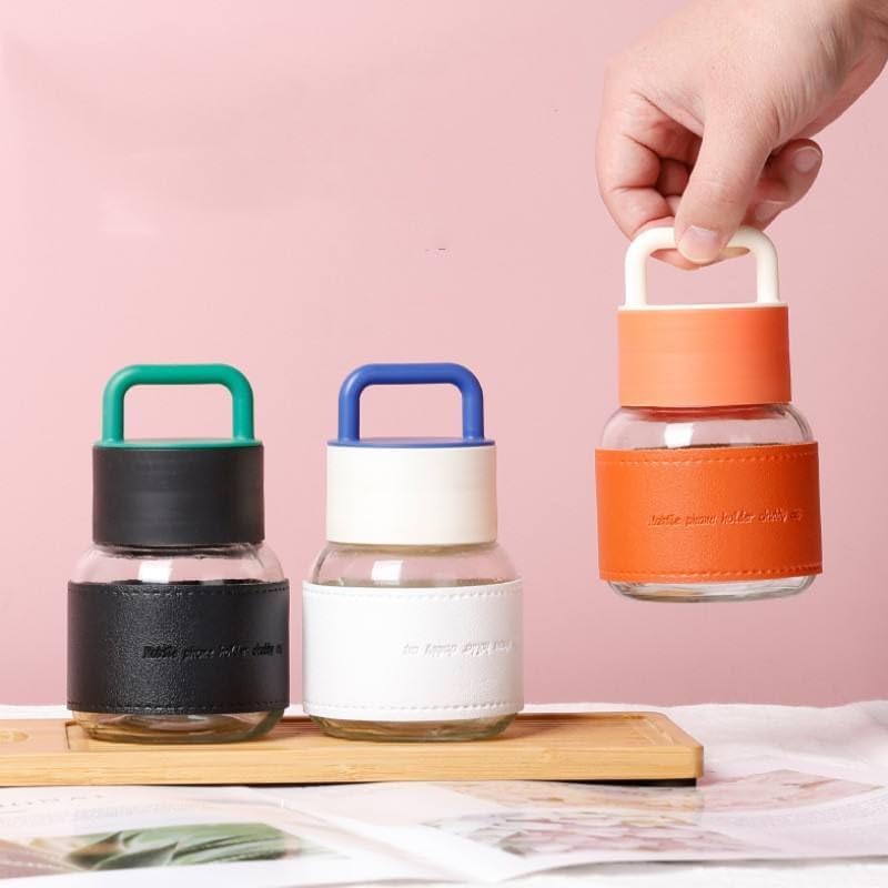 Image of Aesthetic Mini Glass Water Bottle with Handle Set Of 2, 300ml Handle & Protective Faux Leather Sleeve, Travel Tumbler for Coffee, Tea, & Juice, Leak-Proof, Pocket Bottle for School, Office -Multicolor