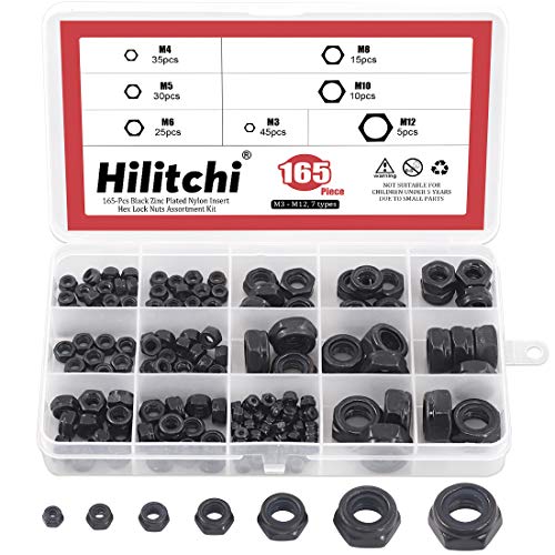 Hilitchi 165-Pcs Black Zinc Plated Nylon Insert Hex Lock Nuts Assortment Kit