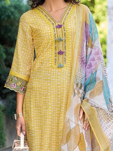 Image of INDO ERA Women's Straight Linen Floral Embroidered Kurta Pant with Dupatta Set (IEOUT9905)