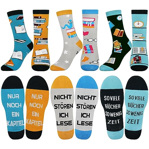 Jeasona 3 Paare Socken für Bücherfreaks Geschenkideen für Leseratten Geschenke für Leseratten Frauen Bücherwurm Geschenk Lese Zubehör Erwachsene Lustige Socken mit Motiv Spruch