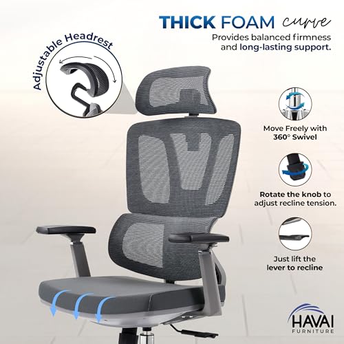 Image of HAVAI Neo High Back Ergonomic Mesh Office Chair | Multi-Lock Mechanism | Chrome Base | 3D Armrests with PU Pads | Adjustable Headrest | Breathable Mesh Back (Grey)