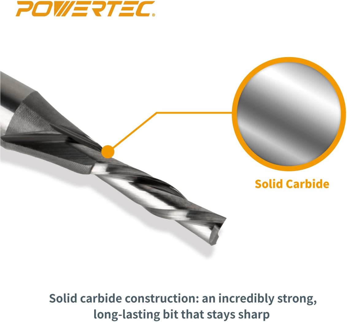 POWERTEC 10Pcs Solid Router Template Bushing Guides Sets with Solid Carbide Downcut 1/8" Spiral Router Bit. Router Bits 1/4" Shank Fits All Porter Cable Style Router Sub Bases