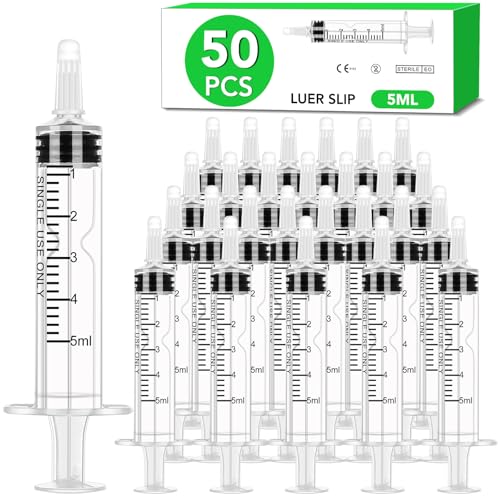 50 PCS 5ml Syringe with Cap for Liquid, Oral Syringe without Needle for Medicine Dropper, Colostrum Collect, Feeding Pets, Liquid Measuring, Individually Sealed, Luer Slip
