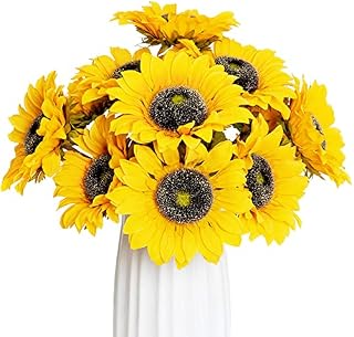 Floralsecret 10 Pcs Artificial Sunflowers Single Stem Rustic Fake Flowers for Farmhouse Room Home Hotel Decor (Golden Yellow)
