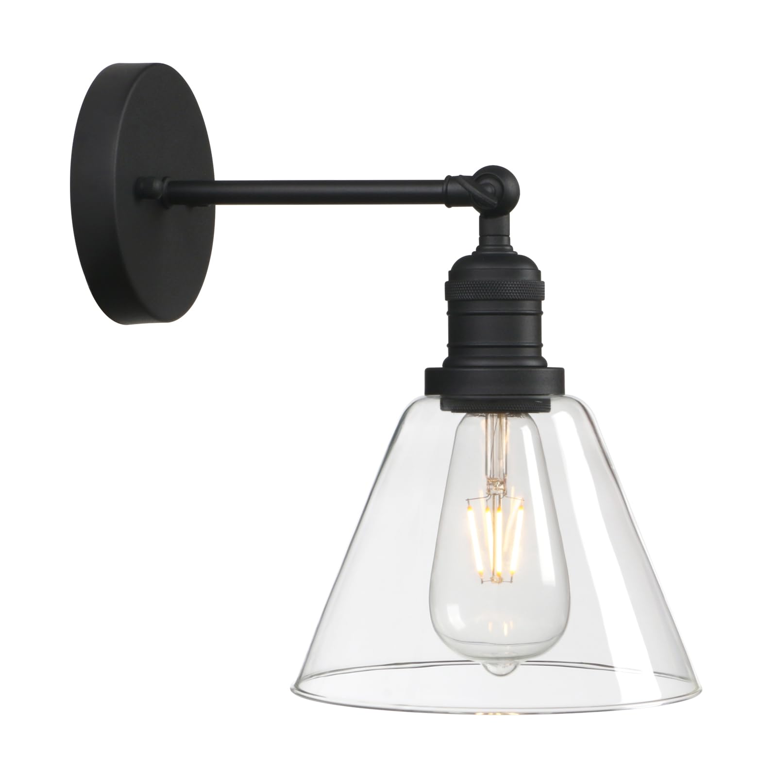 Photo 1 of Phansthy Vintage Industrial Swing Arm Wall Sconce 180 Degree Adjustable, Cone Shaped Clear Glass Lampshade Wall Lamp, Vanity Wall Light Fixture for Bathroom Kitchen Bedroom (Black - Swing arm)