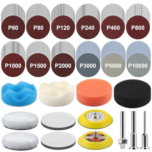 Linkstyle 133PCS Sanding Disc Drill Polishing Kit, 75mm Wet Dry Sandpaper Set, Car Headlight Restoration Kit Multi Grit 60–10000 for Wood Metal Glass