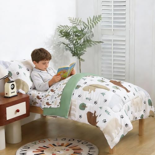 Image of lasoftan Toddler Bedding Set, Toddler Bed Comforter Sets for Girls, Toddler Bed Set, Forest Bear Printed