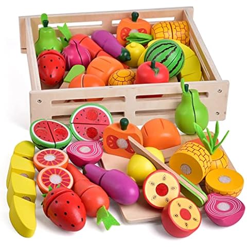 35 PCs Wooden Play Food for Kids Kitchen, Pretend Cutting Food Toys with Wooden Tray, Dishes and Knife for Kids, Pretend Play Food Cover