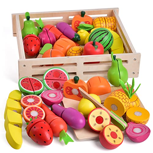 Image of FUN LITTLE TOYS 35PCS Wooden Play Food for Kids Kitchen, Pretend Cutting Food Toys with Wooden Tray, Dishes and Knife for Kids, Pretend Play Food for Christmas Birthday Gifts