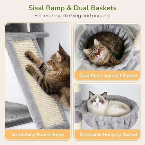 Image of Globlazer Extra Large Heavy Duty Cat Tree, 80in Tall Sturdy Cat Tree Tower for Multiple Indoor Cats Large Adult with Scratching Posts, 2 Spacious Condos with Padding, 2 Soft Perches, S80C, Light Grey
