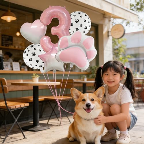 Image of 3rd Birthday Dog Paw Balloons Set,18'' Paw Prints, Heart,Star,Paw Shaped Foil Balloon 40 Inch Pink Number 3 Helium balloons for Puppy Themed Third Anniversary Birthday Party Decorations Supplies 6PCS