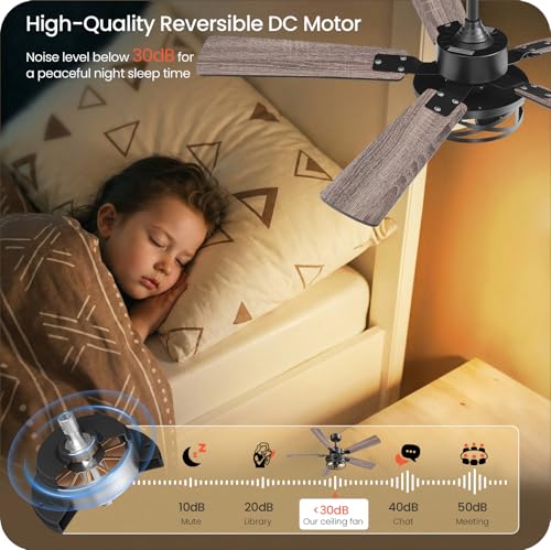 Image of 52 Inch Farmhouse Ceiling Fan with Lights and Remote, Timer, Dual Finish 5 Blades (Gray Oak and Black), 6 Speeds, Reversible DC Motor, Rustic & Industrial Caged Ceiling Fan for Bedroom HB01CF05