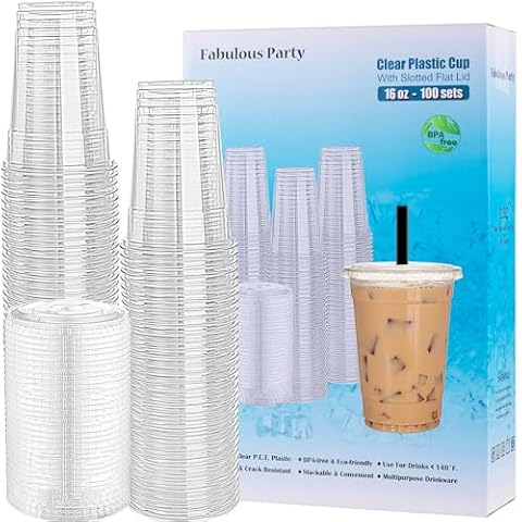 Fabulous Party 100 Sets BPA Free 16 Oz Plastic Cups with Lids, Premium PET Crystal Clear Cups Ice Coffee Cups with Cover, Clear Disposable Cups for Smoothie Juice Bubble Tea Soda Cold Drink Cover