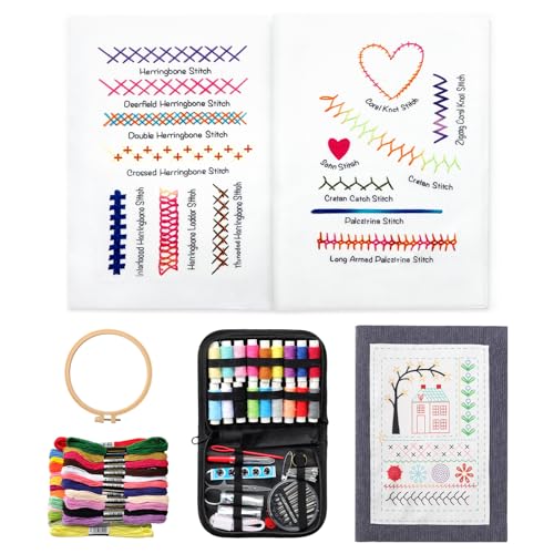 Komforbaa Kit de inicio de bordado para principiantes: libro de puntadas sin encuadernar con patrones esenciales, aro de bordado, hilo dental de 24 colores y herramientas completas, kit de bordado a
