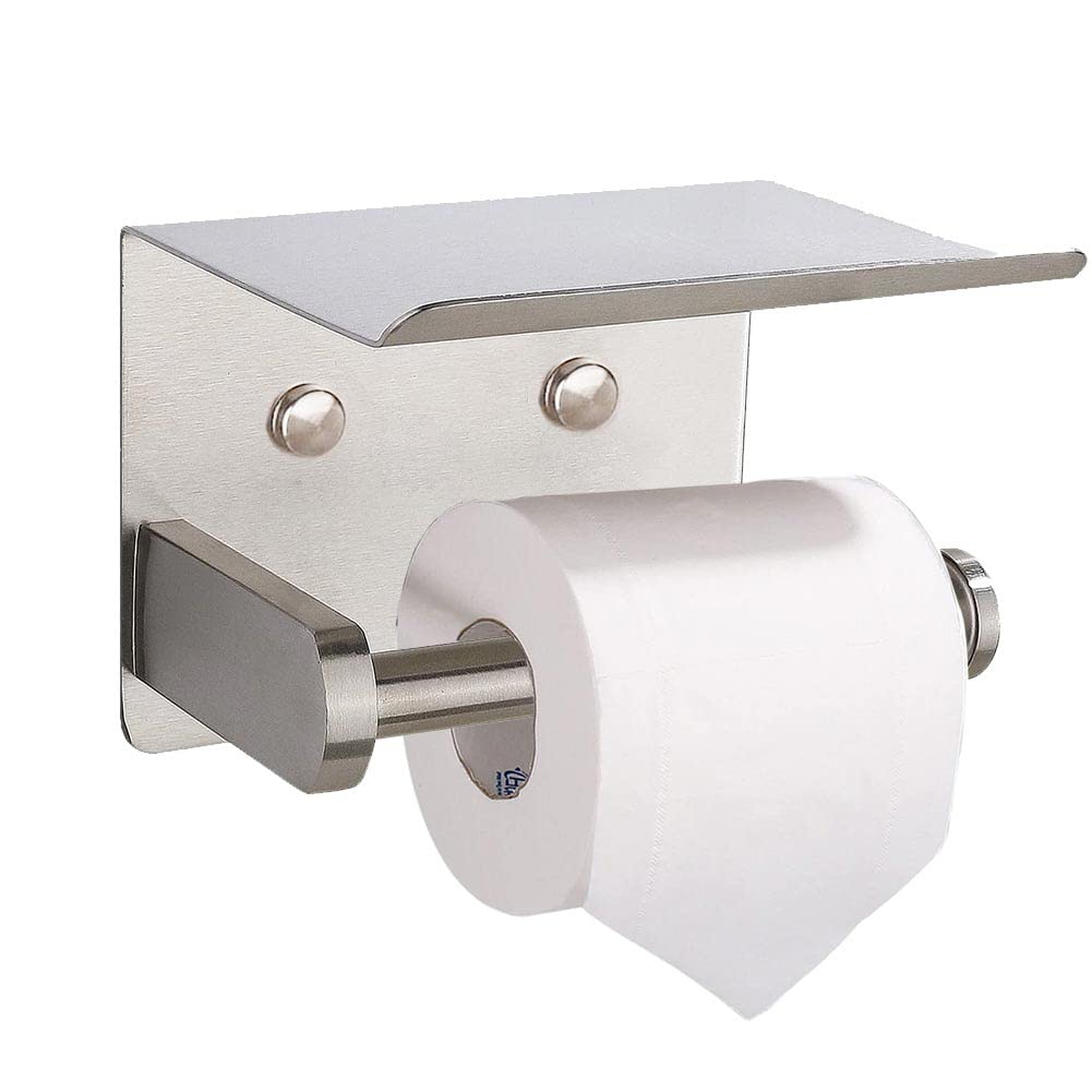 Portarrollos de papel higiénico autoadhesivo con estante para teléfono, de acero inoxidable, para montaje en pared, resistente al óxido y para baño, con estante de almacenamiento (plateado)