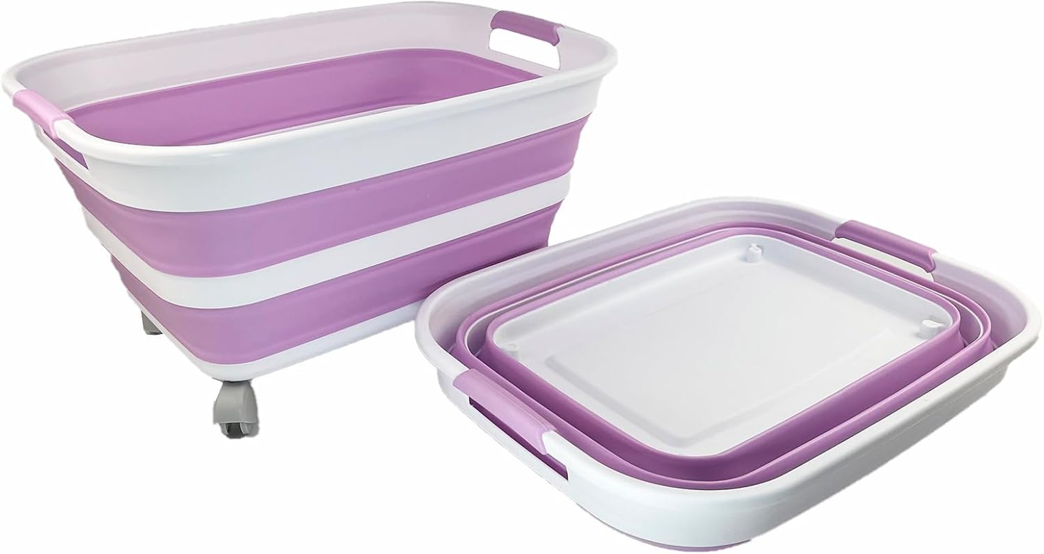 SAMMART 27L (7.1 Gallons) Collapsible Plastic Laundry Basket with Handle and wheels -Foldable Pop Up Storage Basket with handle (White/Pale Purple/White (Set of 2))