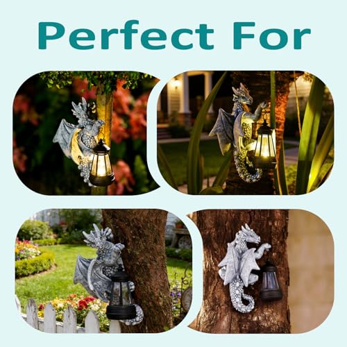 Goodeco Dragon Tree Hugger Solar Lantern Garden Statue - 9.3 Inch Resin Dragon Decor for Outdoor, Perfect Garden Gift & Yard Decor