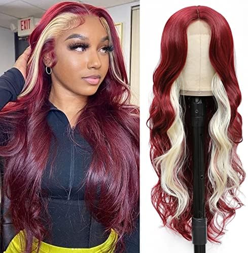 meiliprotea 26" Skunk Stripe Body Wave Long Wavy Synthetic Hair Wig for Women Middle Part Wig Highlight Synthetic Wig Natural Looking Realistic Wig (Mixed Red)