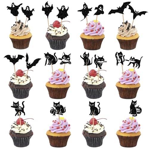 30Pcs Cake & Cupcake Toppers,Gothic Bat & Ghost & Black