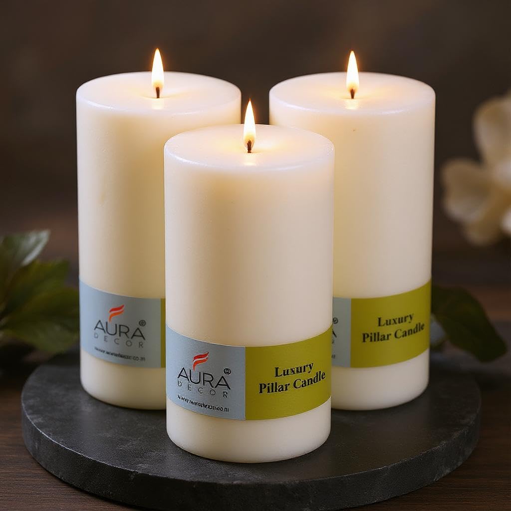 AuraDecor Unscented Pillar Candles Set of 3 | 90 Hrs Each | 3X6 inch Smokeless & Dripless Wax Candles for Home Decor | (Extra Large, White)-picture-23
