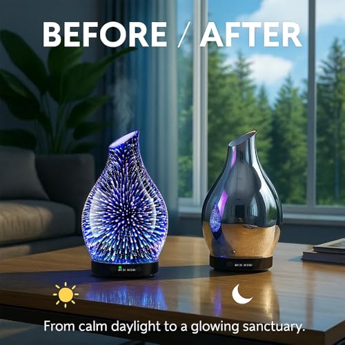 120ML Essential Oil Diffuser, 3D Glass Aromatherapy Diffuser with Auto Shut-Off and 7 Color LED Lights, Ultrasonic Mist Humidifier with 4 Timer for Home Office Bedroom (3D Fireworks) - Image 5
