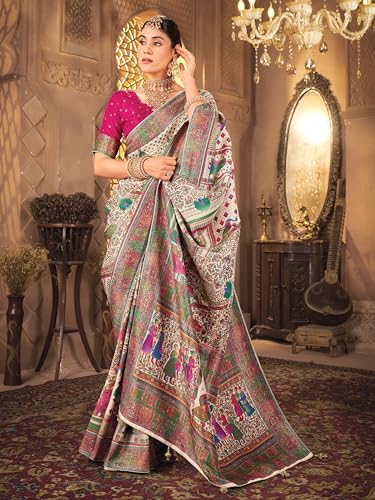 Image of Glory Sarees Women's Luxurious Dola Pure Silk Original Saree Position Print Work Madhubani Inspired Motifs Banarasi Kanjivaram Style Saree With Blouse Piece (Elegant101 Parent)
