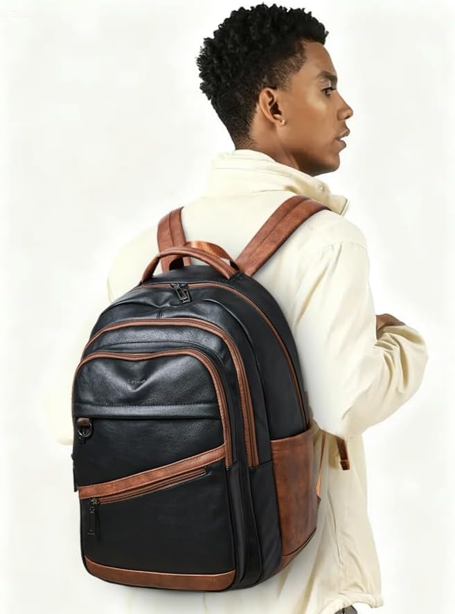 43L Backpack for Women Men - Vegan Leather Backpack Purse Travel Carry-on Bag College Bookbag Work fits 17" Laptop,Black&Brown - Image 8