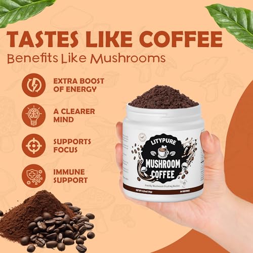 Litypure Mushroom Coffee — Organic Instant Arabica Coffee with Lion's Mane, Cordyceps, Reishi, Turkey Tail, KingTrumpet, Shiitake, for Improve Focus & Immune Support 4.23 oz - Image 4
