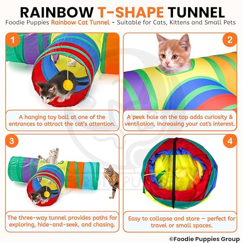 Image of Foodie Puppies 3 Way Rainbow Cat Tunnel Toy - Foldable Interactive Pet Play Tunnel with Hanging Ball for Cats, Kittens, Rabbits, and Guinea Pigs | Indoor /Outdoor Puzzle Exercising Hiding Training Toy