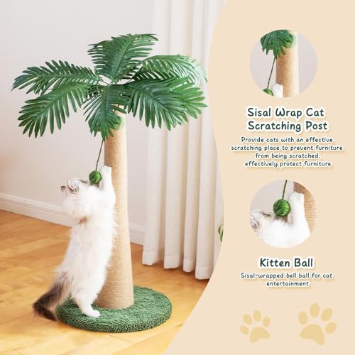 Image of 43.3inch Palm Tree Shape Style Sisal Cat Tree Scratching Post Cats, Wear Resistant Cat Claw Scratcher with Plush Stable Base & Hanging Toy Ball, Green