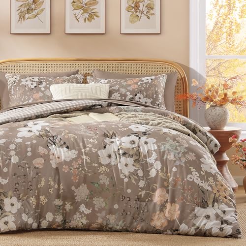 Image of Andency Twin Size 5 Piece Reversible Bed in a Bag - Botanical Floral & Gingham Comforter Set, Farmhouse Vintage Rustic Comforter,Brown