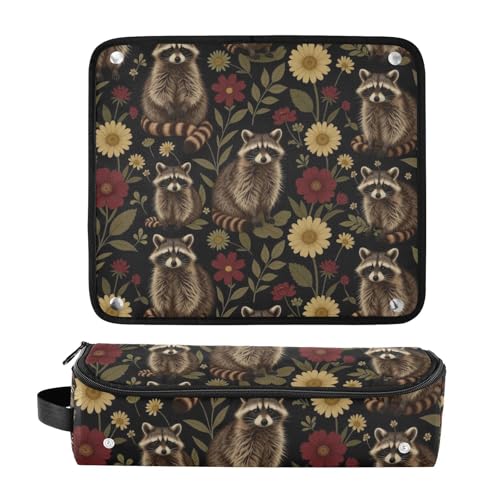 Bolsa de viaje para herramientas de cabello y tapete resistente al calor con cierre para plancha y rizador, con diseño floral de mapaches y flores miniatura 3