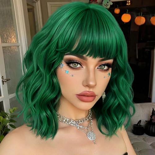 Image of Nnzes Short Wavy Bob Wig with Bangs for Women Shoulder Length Curly Green Synthetic Heat-Resistant Fiber Hair for Daily & Party Use