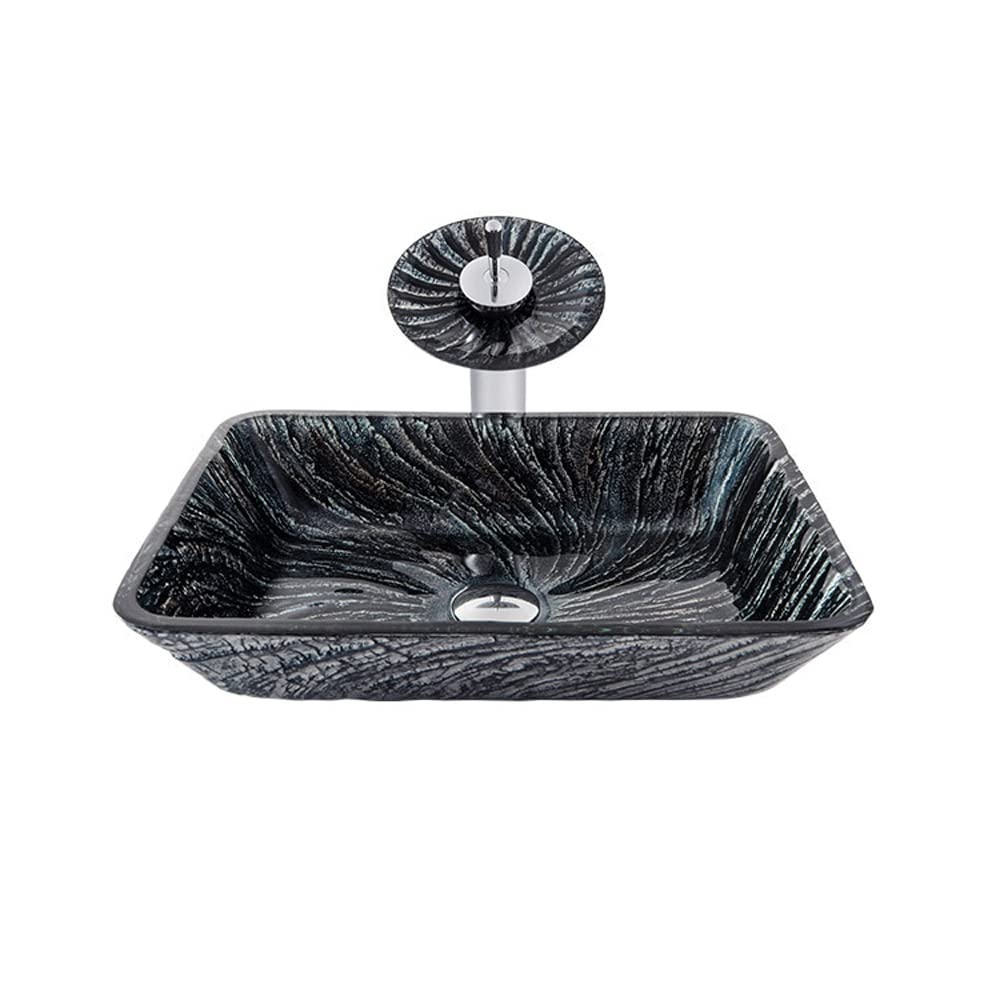Aioneer Bathroom Vessel Sink Tempered Glass Vanity Sink Above Counter With Waterfall Faucet Bathroom Sink For Cabinet Lavatory Hotel Art Basin Home Washing Basin With Pop Up Drai-C