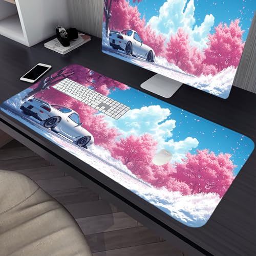 桜の木と車のアニメ風デザイン XLデスクパッド