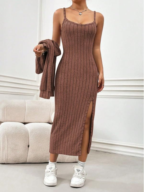 SISKIN 2 Piece Sets for Women, Fall Knit Ribbed Sweater Midi Cami Dress & Cropped Cardigan Long Sleeve Casual Outfits Set - Image 4