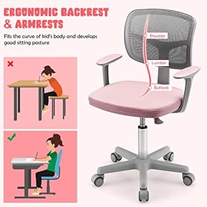 GLACER Kids Desk Chair with Arms 330 LBS Adjustable Mesh Study Chair with Wheels for Girls Boys Swivel Computer Task Chair with Lumbar Support Teen Office Chair for Home School Bedroom Pink