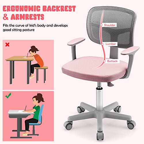 GLACER-Kids-Desk-Chair-with-Arms-330-LBS-Adjustable-Mesh-Study-Chair-with-Wheels-for-Girls-Boys-Swivel-Computer-Task-Chair-with-Lumbar-Support-Teen-Office-Chair-for-Home-School-Bedroom-Pink GLACER Kids Desk Chair with Arms 330 LBS Adjustable Mesh Study Chair with Wheels for Girls Boys Swivel Computer Task Chair with Lumbar Support Teen Office Chair for Home School Bedroom Pink