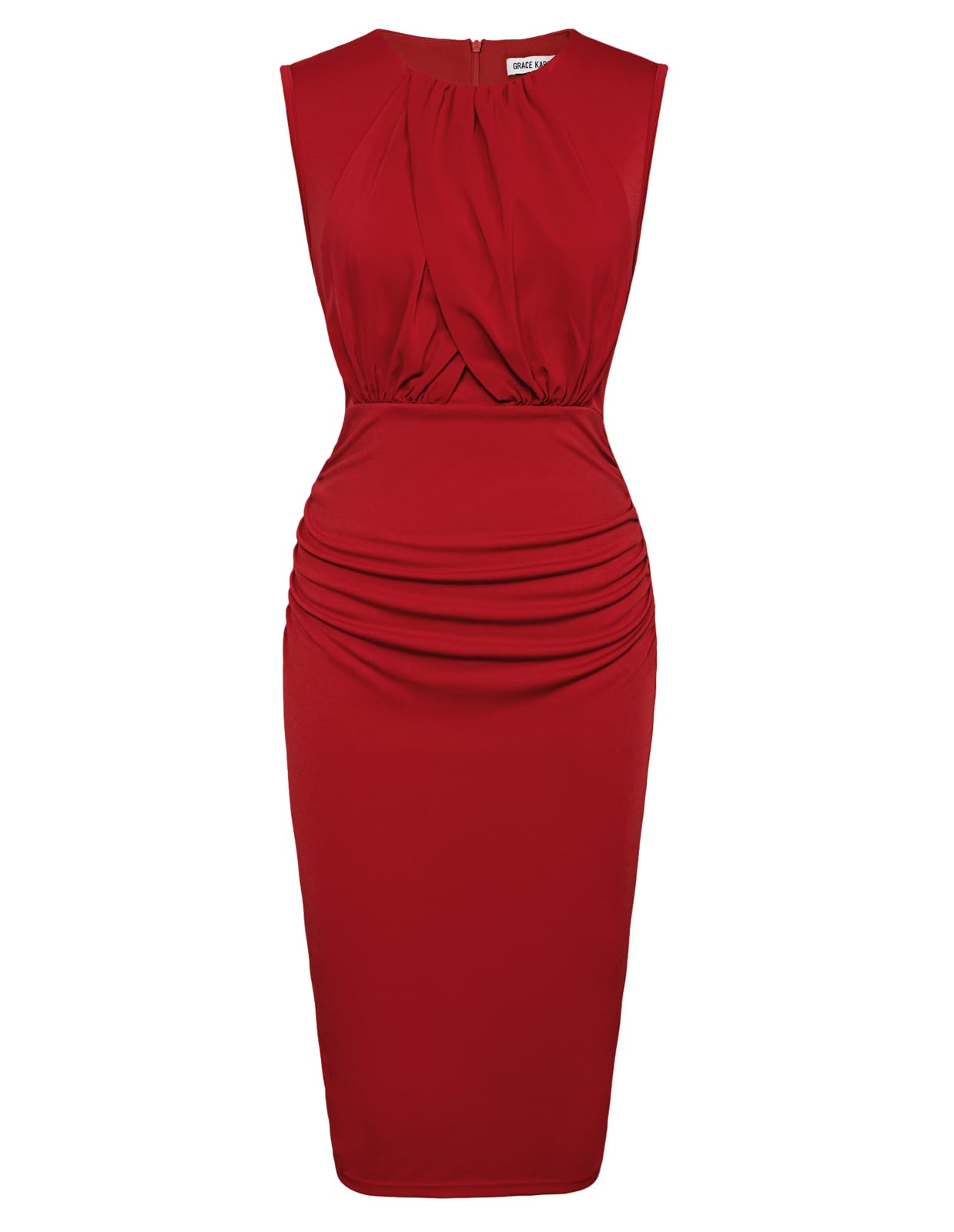 GRACE KARIN Women's Twist Front Ruched Bodycon Dress - Sleeveless High Waist Midi Dress for Cocktail Wedding Party